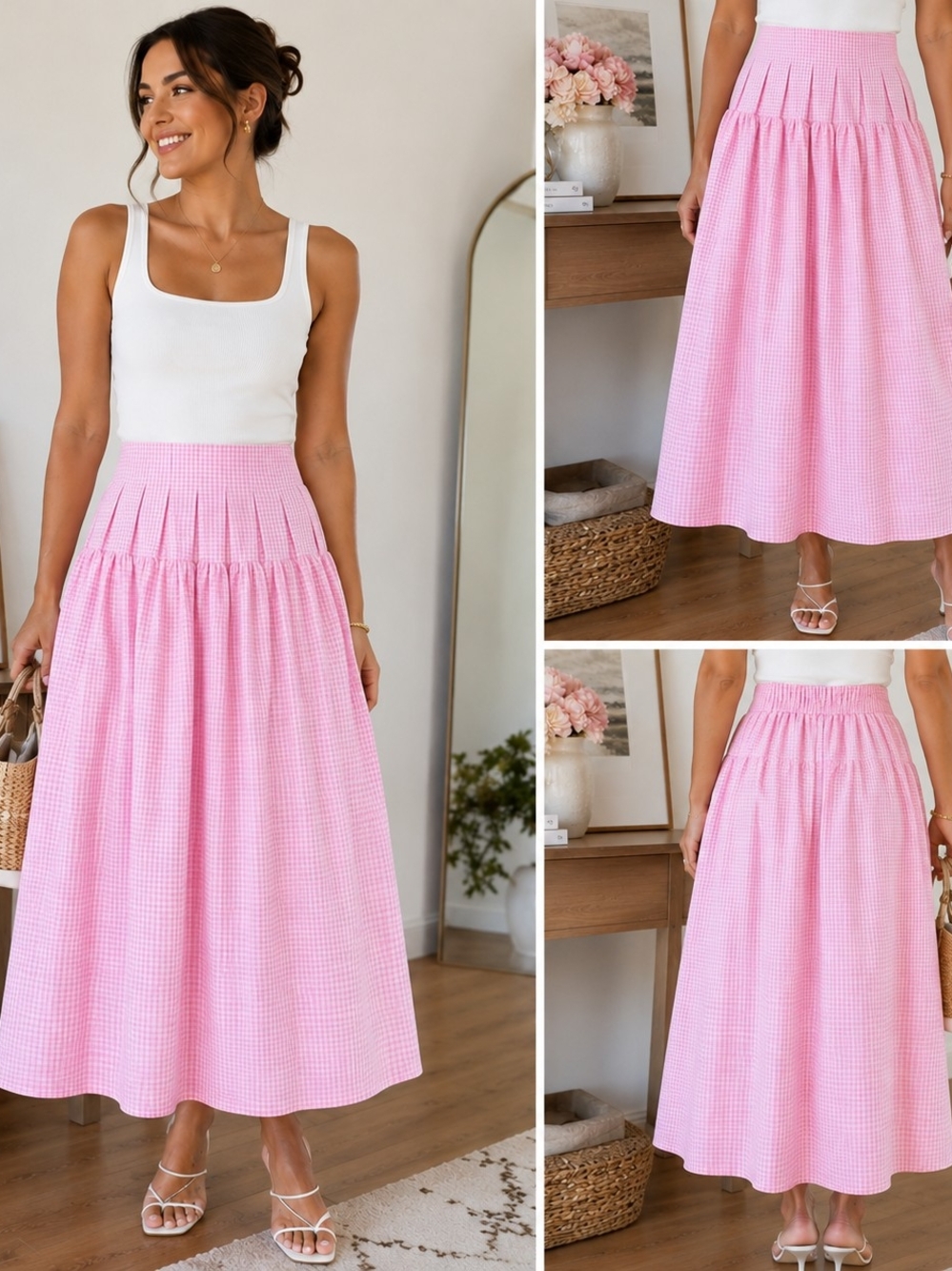 Mable Pink Women Gingham Skirt Pleaded Detail Size S